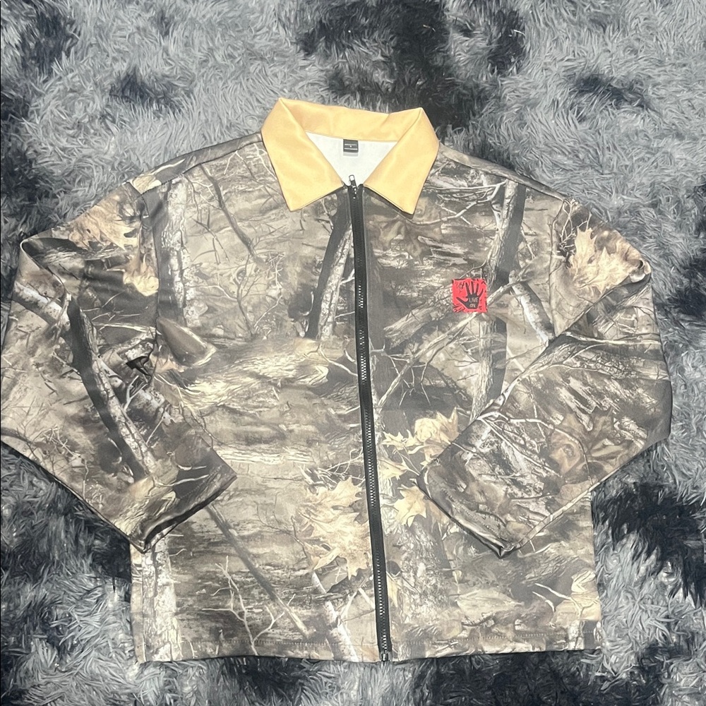 Camouflage Bomber Jacket with Tan Collar